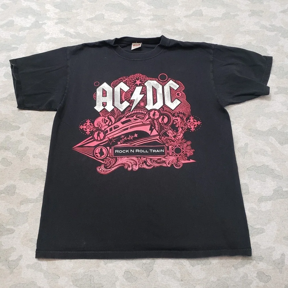 Vintage AC DC Shirt Mens Large Black Anvil Rock n Roll Train‎ Short Sleeve